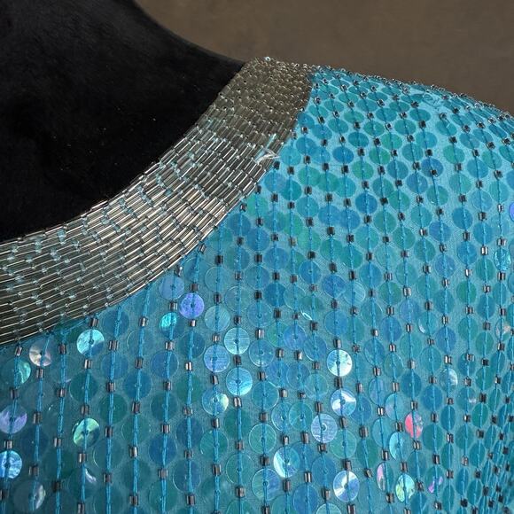 STENAY Vintage 80's VTG Teal Blue 100% Silk Sequin Beaded Cocktail Party Dress 6 - Picture 5 of 13